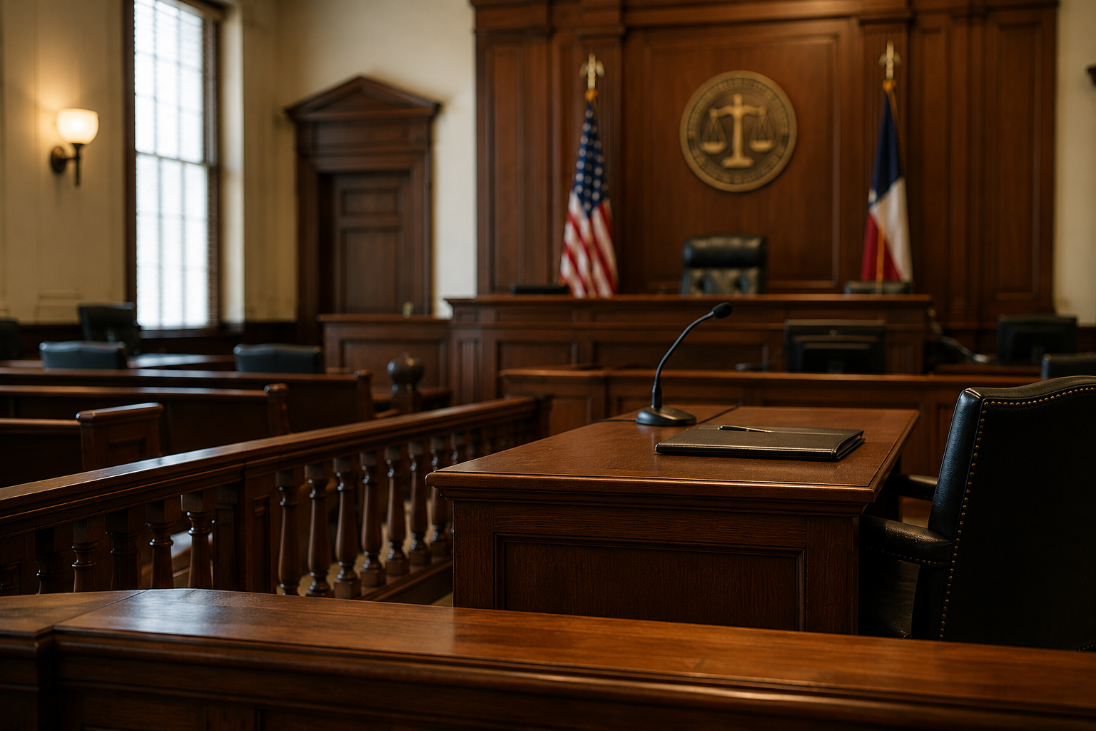 Courtroom prepared for trial with judge's bench, American flag, and scales of justice