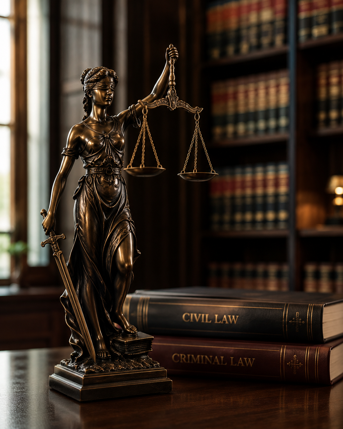 Lady Justice statue with scales and sword beside civil and criminal law books