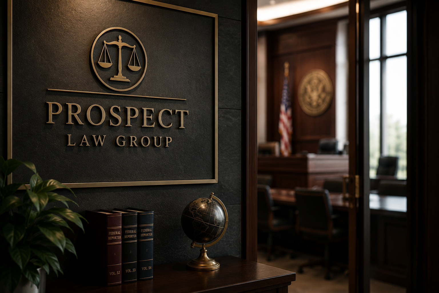 Prospect Law Group office with firm signage and law library